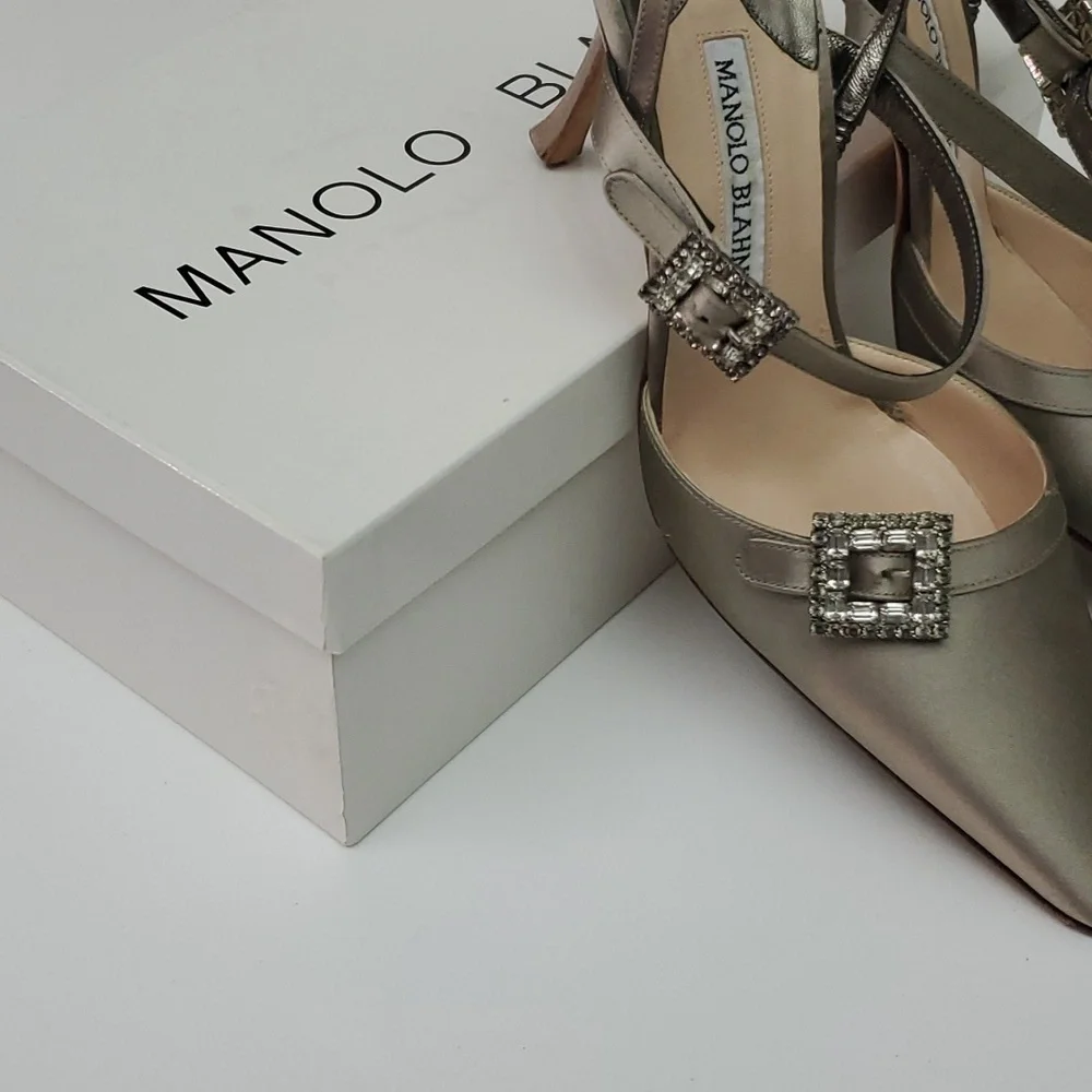 VTG Manolo Blahnik Crystal Satin Slingbacks in box- Carolyne 90s Mary Jane Esque - Picture 12 of 17